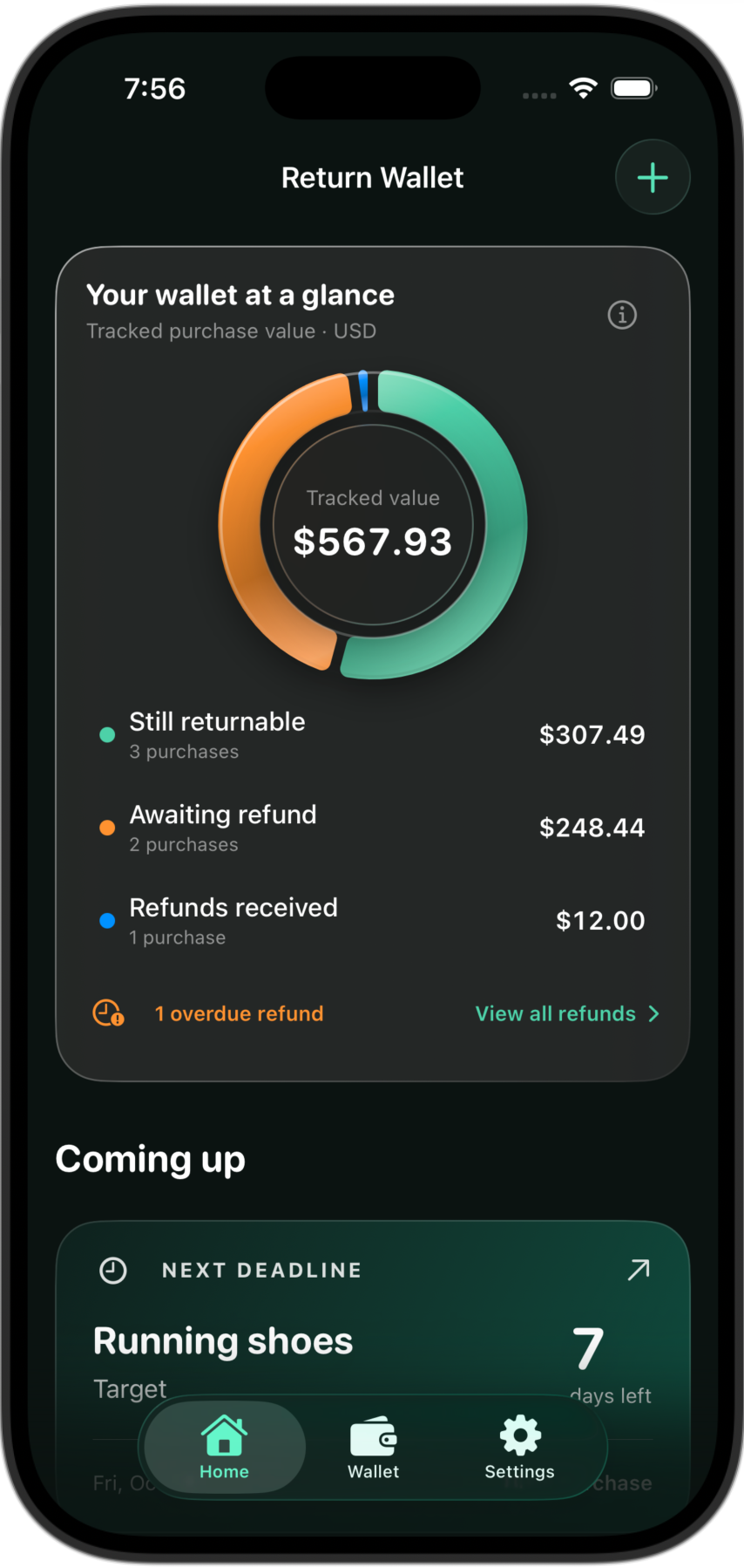 Return Wallet dashboard in dark mode showing returnable purchases and refunds.