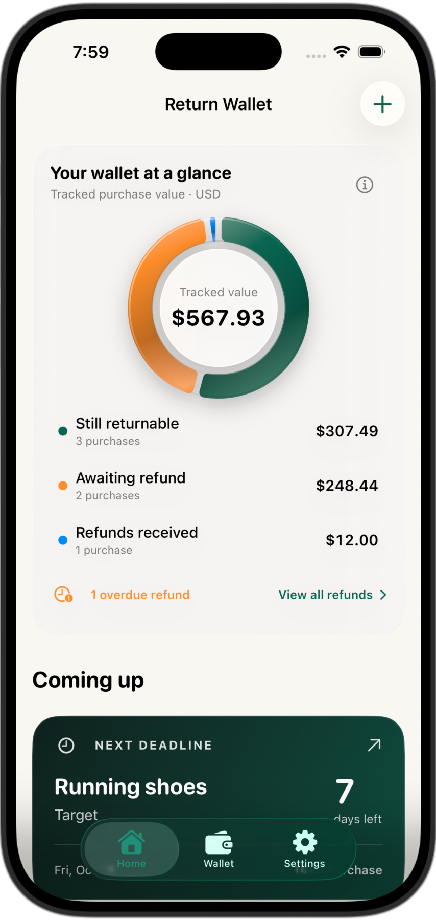 Return Wallet dashboard showing sample return and refund amounts.