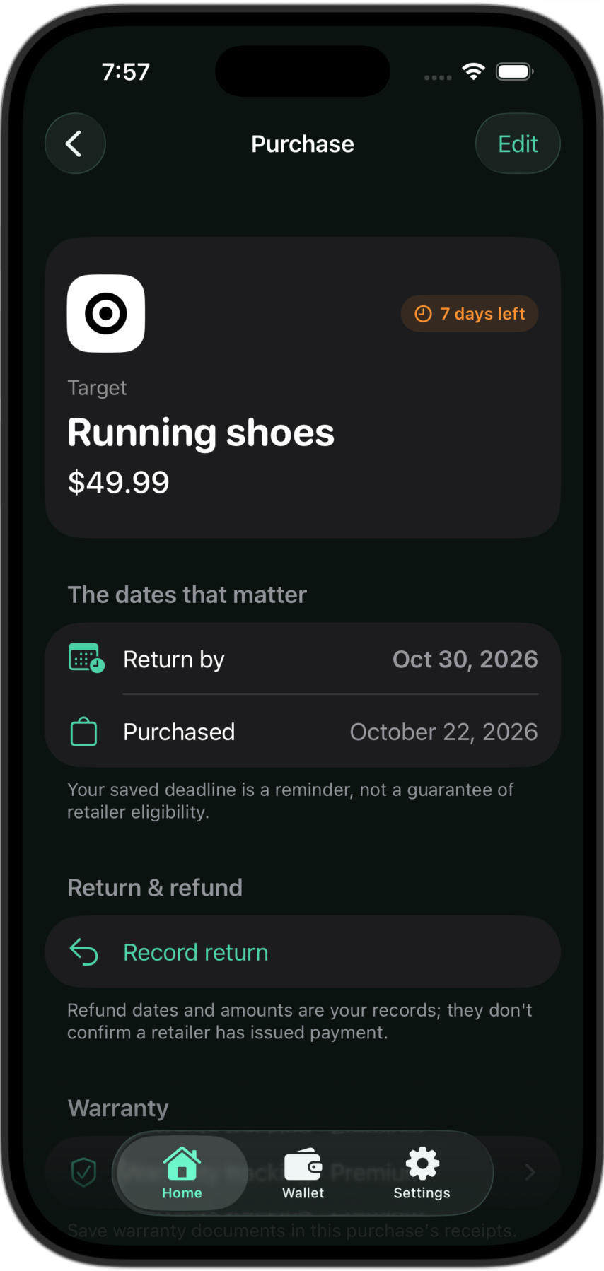 Purchase details for sample running shoes, showing price and return deadline.