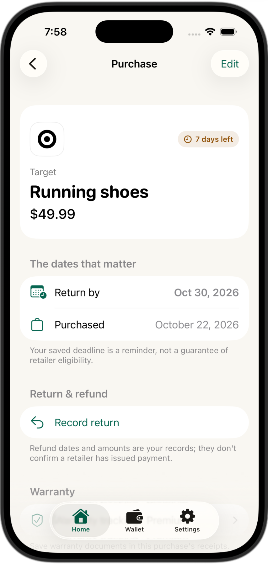 Purchase details for sample running shoes, showing price and return deadline.