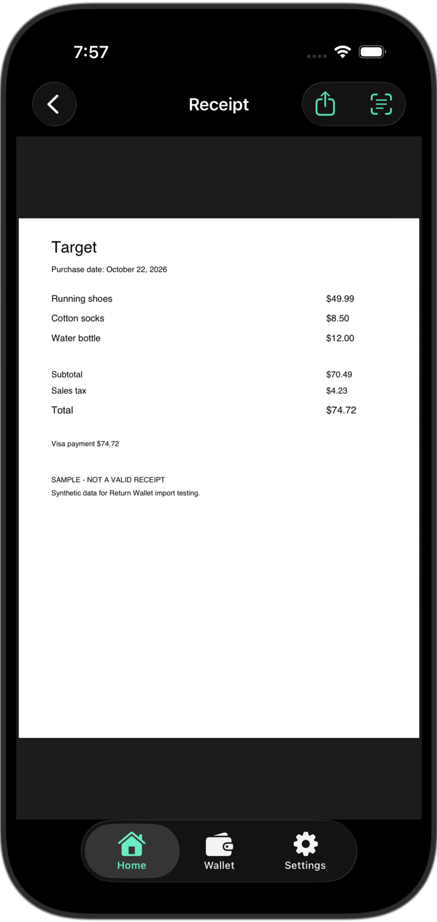 Receipt viewer displaying a clearly labeled synthetic sample Target receipt.