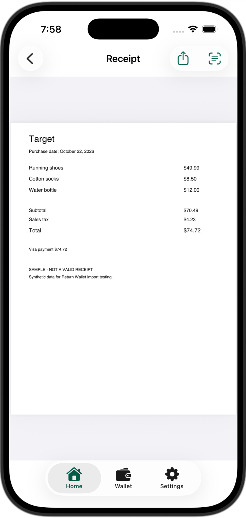 Receipt viewer displaying a clearly labeled synthetic sample Target receipt.