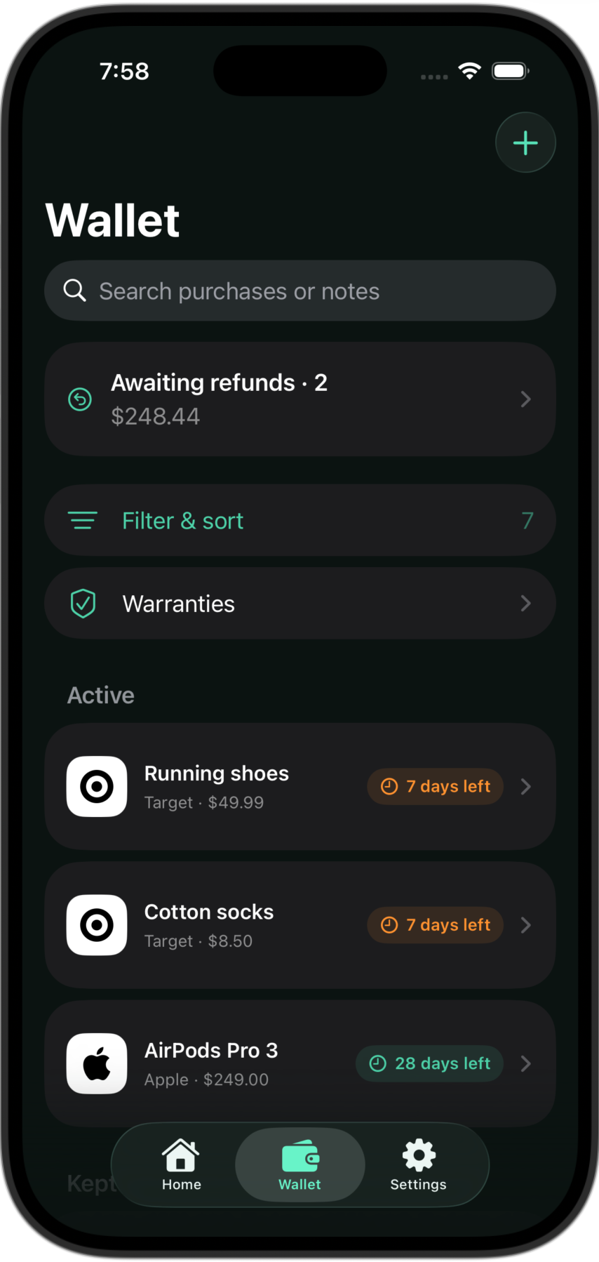 Wallet in dark mode showing search, filters, warranties and sample purchases.