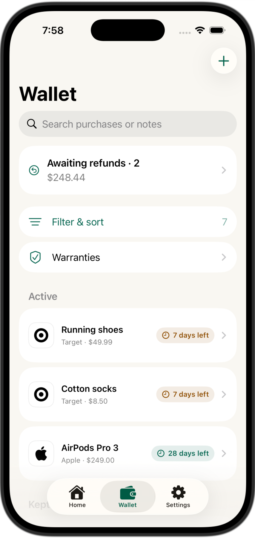 Wallet in light mode showing search, filters, warranties and sample purchases.